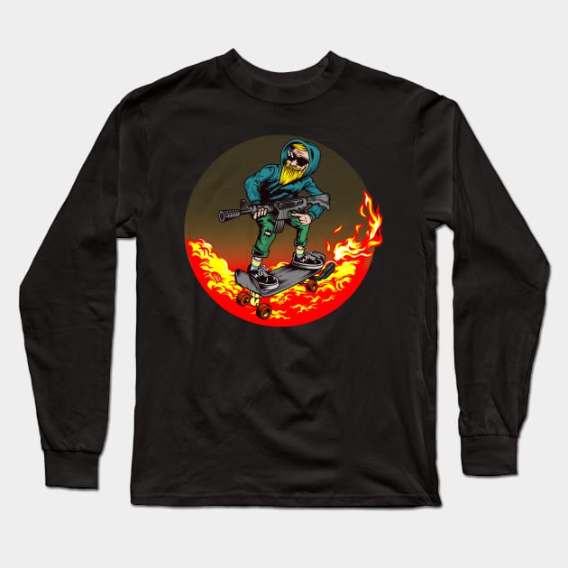 Man Riding on Armed Skateboard Illustration Long Sleeve T-Shirt by Invectus Studio Store
